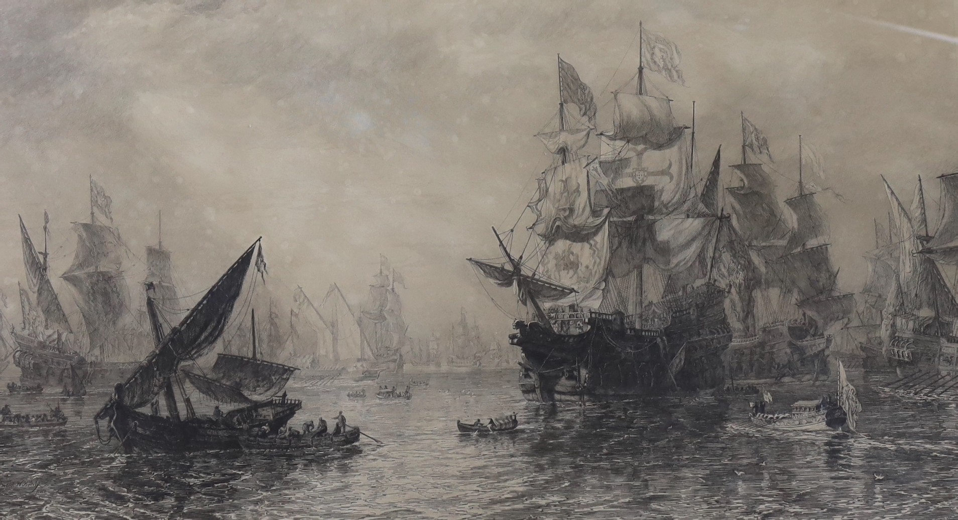 David Law after Oswald Brierly, engraving, The Spanish Armada sailing from Ferrol 12th July 1588, signed in pencil by both artists, overall 48 x 74cm